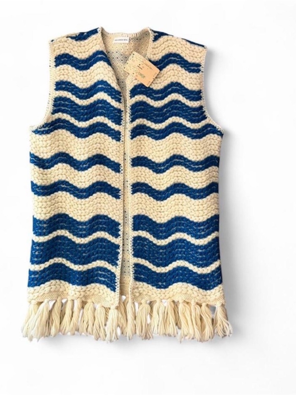 Vintage 100% Virgin Wool Fringe Vest Blue & Cream Sz L 70's Boho Retro Cottage